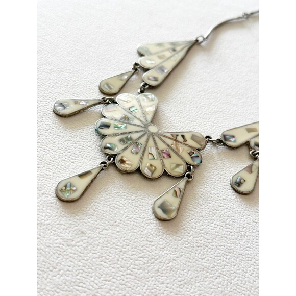 Vintage ALPACA MEXICO Silver Enamel Abalone Inlay Bib Statement Necklace - Picture 3 of 8